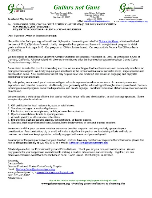 REQUEST FOR TAX DEDUCTIBLE DONATIONS FOR UPCOMING NOVEMBER 25, 2023 FUNDRAISER